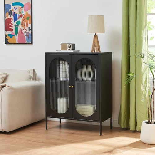 [en.casa] Buffet Stylé Commode Design Armoire Vitrée Élégante Vaisselier Meuble de Rangement pour Salon Cuisine Chambre avec Portes et Étagère Industriel Acier Verre 102 x 80 x 40 cm Noir