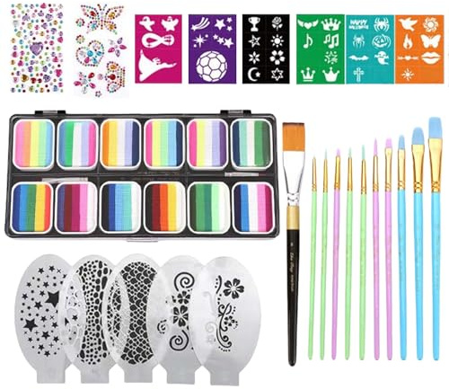 Face Paint Kit, Body Makeup Set, 12-Grid Color Palette, Water-Soluble Formel, Creative Cosmetics for Boys Girls Teens Adults Students, Parties Events Festivals 8.27x4.09x0.63in