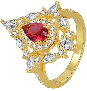 AMDXD Au585 Gelbgold Trauringe, Verlobungsring Tropfen mit Labor Erstellt Rubin Tropfenschliff Rot, Freundschaftsringe mit Moissanit 14K Gold Echt, Gr.49 (15.6)