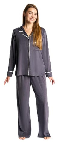 OHS Pyjamas for Women, Piped Long Sleeve Shirt and Full Length Bottom Pyjama Set of 2 Button Down - Black, Cream, Charcoal Grey