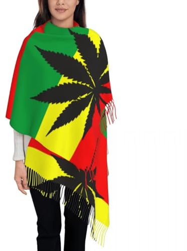 GONMFKM Rasta-Flaggen-Schal Für Damen – Hippie-Blätter-Print Langer Weicher Warmer Winterschal Mit Quasten Eleganter Schal/Stola Für Hochzeiten Und Abendkleider 197 X 72 Cm