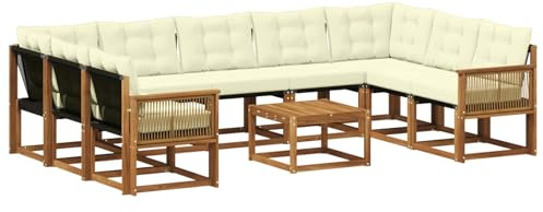 vidaXL Outdoor-Sofagarnitur mit Kissen 10 pcs Natur und Creme, Moderne Gartenmöbel, Akazienholz-Sofa, Textilene-Rücken, strapazierfähige Sitzmöbel, Bequeme Liegeplätze