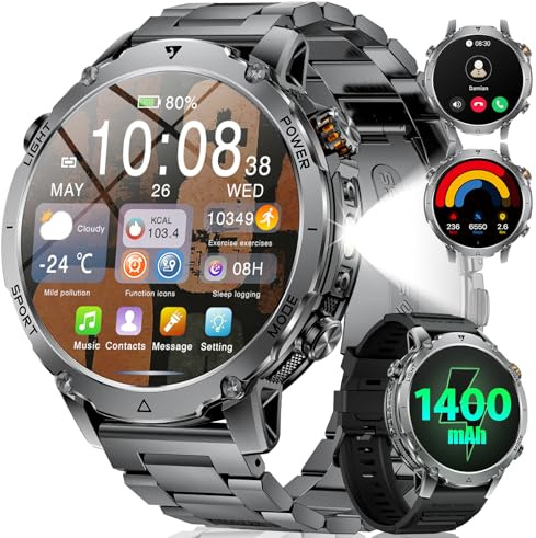 LIGE Smartwatch Uomo Militare, Batteria 1400mAh 14 Giorni, Display HD 1,7, Torcia LED, Chiamate Bluetooth, 110+ Modalità Sportive, IP68 Waterproof, Smart Watch for Android iOS, 2 Cinturini