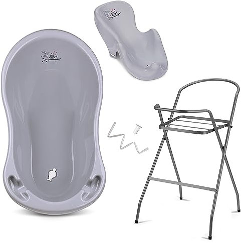 Baby Badewanne mit Gestell 4 Set TÜV Rheinland zertifiziert! Babybadewannen + Baby Badewannensitz +Abfluss + Gestell - Babywanne mit Ständer! Baby Pflegeset für Neugeborene.