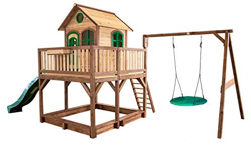 AXI Spielhaus Liam mit Sandkasten, Nestschaukel & grüner Rutsche | Stelzenhaus XXL in Braun & Grün aus FSC Holz für Kinder | Spielturm mit Wellenrutsche für den Garten