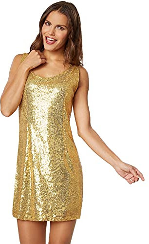 dressforfun 900893 Kurzes Damen Pailletten Glitzer Kleid, ärmellos, Trägerkleid (L | Gold)