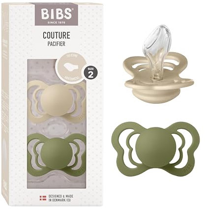 BIBS Couture Schnuller 2er-Pack, BPA-frei, Kiefergerechte Form. Silikon, Hergestellt in Dänemark. 6-18 Monate (2er Pack), Vanilla/Olive