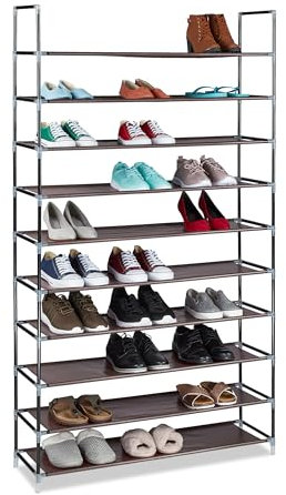 Relaxdays Schuhregal Stoff, HBT: 175,5x100x29 cm, für 50 Paar Schuhe, 10 Etagen, Stecksystem, XXL Schuhgestell, braun