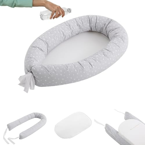 Nestchen für Neugeborene, 100 % hypoallergene Baumwolle, vollständig abnehmbar, 100 % waschbar, mit Öko-Tex-Zertifikat (Moon Amour Grau)