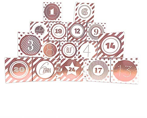 Frau WUNDERVoll® DIY Adventskalender Vorfreude zum Befüllen,Faltschachteln 12x rosegold Sterne,12x rosegold Streifen 7x7x7cm(gefaltet),XL Ziffern rosegold/Weihnachten,Aufkleber,Würfelbox,Schachteln