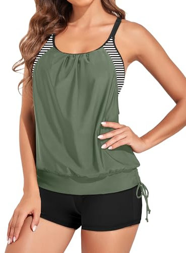 Holipick Blouson Tankini-Badeanzüge für Damen, zweiteilig, Bauchkontrolle, Badeanzug mit Shorts, bescheidene Bademode, Armeegrün gestreift, Medium