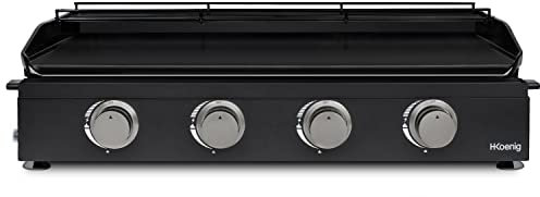 H.Koenig Plancha de asar a gas PLX1042, 4 Quemadores U Acero inoxidable, Plancha de asar de fundición esmaltada, Alimentación de gas propano o butano, Distribución uniforme del calor, hasta 350°C