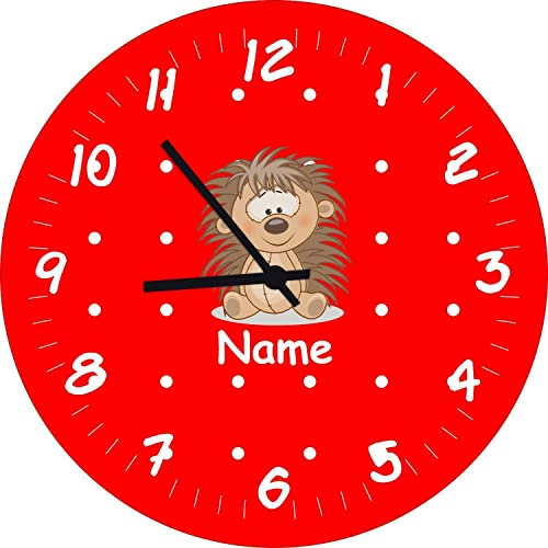 ShirtInStyle Kinderzimmeruhr mit Tiermotiv Igel mit Wunschnamen Geschenk Uhr Kinder Handmade Wanduhr Wunschtext Name, 29cm, Rot