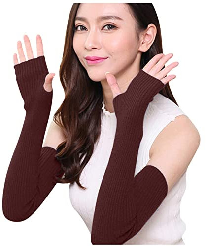 Lang Fingerlos Handschuhe Damen Mädche Armstulpen Ellenbogenlange Winter Thermo Dehnbar Strickhandschuhe Stricken Pulswärmer Elastische Halbfinger Handwärmer Sporthandschuhe für (Coffee, One Size)