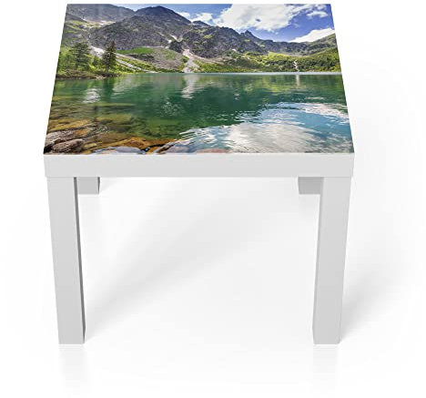 DEQORI Glastisch | weiß klein 55x55 cm | Motiv Glasklarer Bergsee | ausgefallener Beistelltisch aus Glas | Hochglanz Couchtisch fürs Wohnzimmer | moderner Couch Tisch mit Design