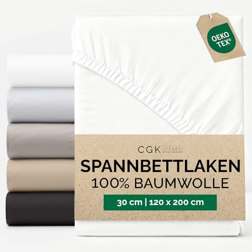 Spannbettlaken 120x200 - Baumwolle Mako Satin 30cm (12) tief - Weiß | 400 Fäden, Hotelqualität, Spannbetttuch, Boxspringbett, Knitterfrei, Pflegeleicht, Atmungsaktiv, Baumwollsatin, OEKO-TEX