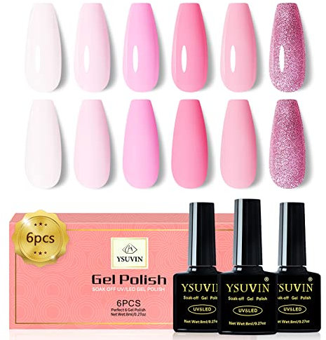 Yueshop 6pcs 8ml Gel Nail Polish - White, Nude, Pink Glitter, Spring Colors - UV LED Gel Nail Lamp for Soak Off - Women's Manicure Beauty Set