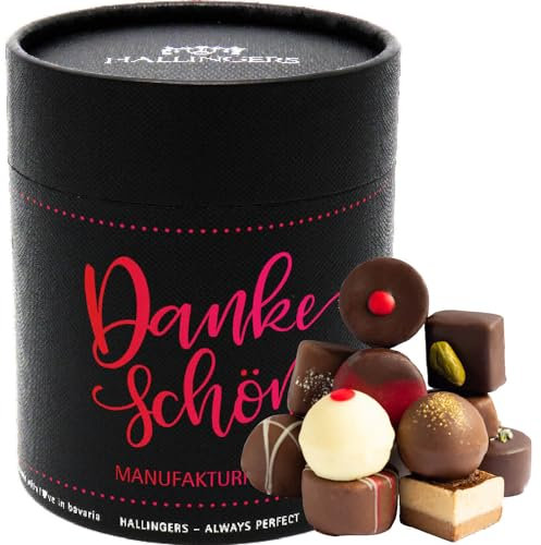 Hallingers Dankeschön XXL - Manufaktur Pralinen Geschenk handmade ohne Alkohol aus Edelkakao Schokolade (Dose) - Geschenk im Sommer & als perfektes Grillgeschenk | Geburtstag Glückwunsch Danke Jahrest