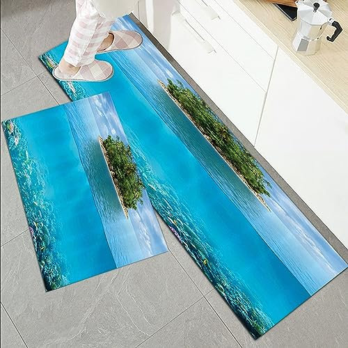 Küchenläufer Küchenmatte 2 Stück 45x70cm+45x120cm,Tropische, einsame kleine Insel am Meer mit üppiger exotischer Flora u,Rutschfest Pflegeleicht, Anti-Müdigkeit Küchenteppich Teppich Läufer für Küche