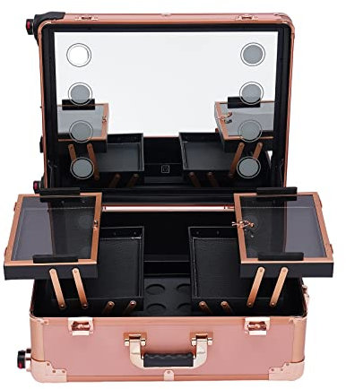 Kosmetikkoffer Trolley Schminkkoffer, Schminktisch mit 4 Rollen & Beleuchtung & Spiegel, Profi-Schminkstation, vier multifunktionale Fächer,Einstellbare Höhe für professionelle Visagisten (Rose Gold)