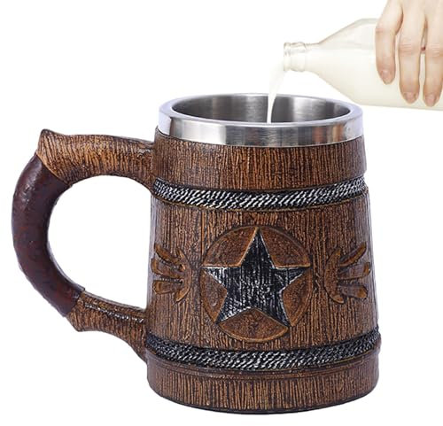 WOBBLO Bierbecher aus Holz | Trinkbecher aus Holz, doppelwandiger Bierbecher aus Edelstahl, 600 ml, Retro-Fass aus Holz, Tankards aus Holz, Souvenir