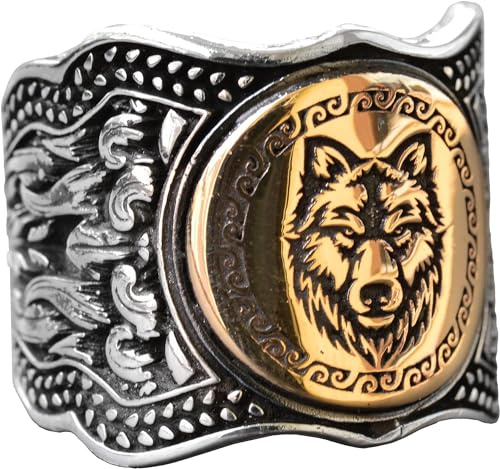 KAMBO Wolf Silver Herren-Ring, Wildtierring, Tier-Silber, 925er-Sterlingsilber-Ring für Herren (Größe: 10–12), Silberbronze, ohne Edelstein, Silber, Bronze, Kein Edelstein