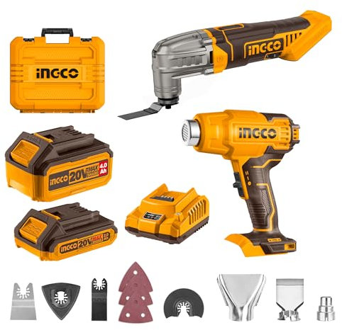 INGCO 20V Cordless Multi-Tool 10000-20000RPM and Cordless Hot Air Gun Portable Heat Gun Max 1022°F (550°C), 100/200 L/min with 1Pcs 4.0Ah Battery and 1Pcs 2.0Ah Battery COSLI230703