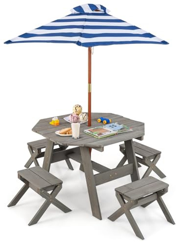 SOARS Kindersitzgruppe Outdoor, Kinder Picknicktisch mit 4 Stühlen & Sonnenschirm, Kindersitzgarnitur aus Tannenholz, Sitzgarnitur, Sitzgruppe, Gartenmöbel für Garten, Hinterhof, Terrasse (Grau)
