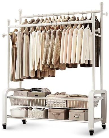 MONKLE - Kleiderständer,Kleiderstange,Kleiderständer auf Rollen,kleiderstange rollen,kleiderständer stabil,kleiderständer mit rollen mit Doppelschichtige Lagerung mit zwei Kleiderstangen (Weiß)
