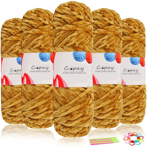 Coopay Samt Chenille Wolle zum Häkeln, 500g (5x100g) Velvet Chenillegarn, Dicke Wolle zum Stricken, Flauschige Weiche Samtig Chenillewolle mit Häkelzubehör für Schals, Decken - Ingwer