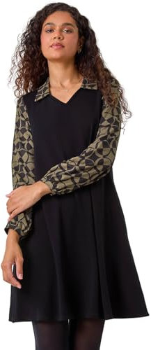 Roman Originals Contrast Animal Print Swing Dress for Women UK - Ladies Everyday Holiday Autumn Winter Pull-On V-Neck Long Sleeves Comfy Soft Vacation Work Leopard - Khaki - Size 16