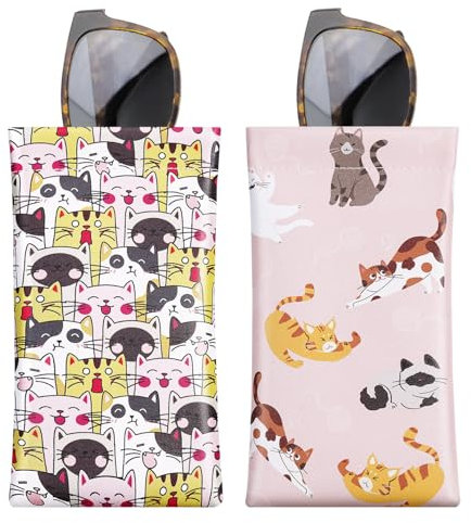 MoKo Weiches Brillenetui, 2 Stück Tragebar Sonnenbrillen Etui PU Leder Anti-Kratzer Sonnenbrillen Aufbewahrungstasche mit Reinigungstuch, Niedliche Katze + Spielende Katze