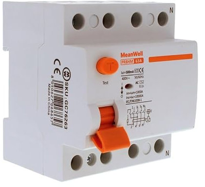 MeanWell Interrupteur différentiel pur triphasé 380 V, type AC 3P+N, 4 modules DIN, Residual Current Circuit Breaker, RCCB 10000A 300mA 63A
