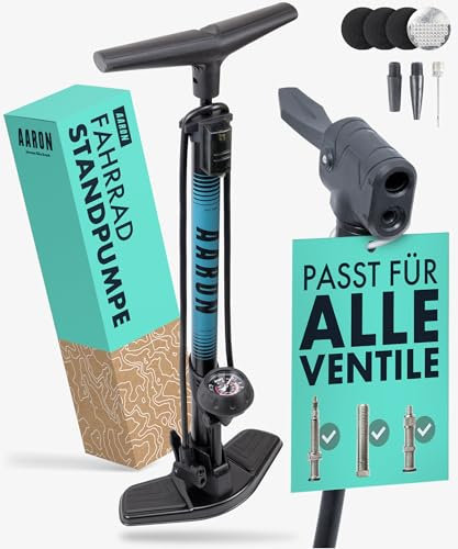 AARON Sport One Fahrrad Standpumpe mit Manometer für alle Ventile | Hochdruck Fahrradpumpe inkl. Ball Aufsatz | Luftpumpe für E-Bike, Mountainbike, Rennrad UVM. Blau