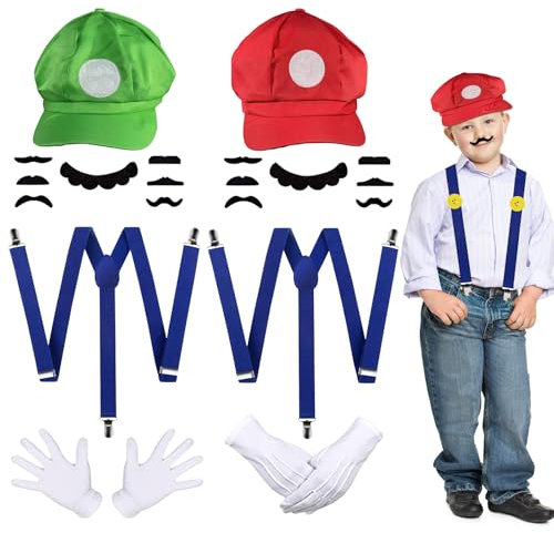Umllpet Mario und Luigi Kostüm Damen Herren, Mario und Luigi Mütze Hosenträger Knöpfe Schnurrbart Handschuhe, Super Mario Kostüm, Mario Luigi Partnerkostüme Erwachsene Kinder für Karneval Kostüm