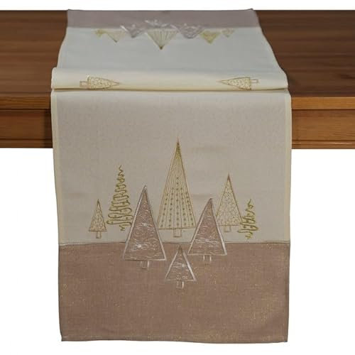 Tischdecke Mitteldecke Tischläufer 40 x 140 cm beige Gold Winter Weihnachten Stickerei Moderne Tannenbäume
