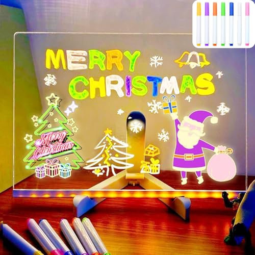 Abwischbar LED Nachrichtentafel mit Ständer & Stift in 7 Farben, Transparente Acryl Notiztafel mit LED-Leuchten, LED Light Drawing Note Board with Colors, Tafel Leuchtende Schreibtafel 20 * 30cm