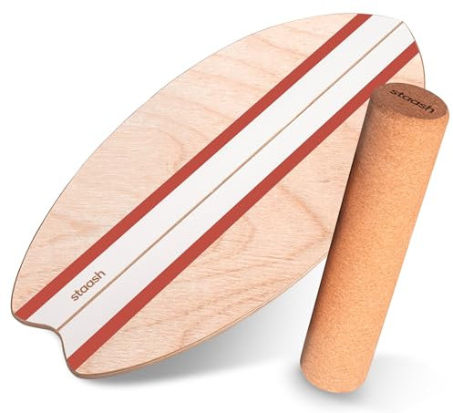 STAASH® Balance Board Holz – Pro Gleichgewichtstrainer inkl. Schutzmatte, Rolle, Halbkugel, Korkball & VIDEOKURS – Indoor-Surfen & Skaten – Balance Board Kinder & Erwachsene (Orange starter kit)