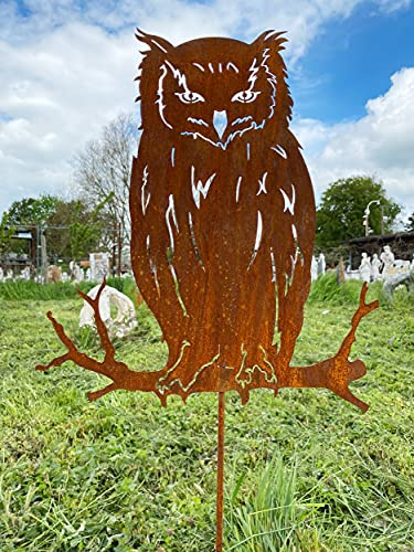 Eule auf Ast sitzend 50x43cm + Stab Gartenstecker Edelrost | mit Stab, Wetterfest, Metall Rostfigur, Waldtier Gartendeko