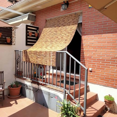 Zhixubah Natur Bambusrollo Retro Schilf Vorhang Wetterfest Aussen Bambus Rollo Jalousine 80-180cm Breit Lichtfilter-Rollo mit Lifter Sonnenschutz Vorhang Outdoor Anti-UV Rollläden für Fenster Balkon