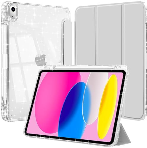 Coque pour iPad (A16) 11ème Génération 11 Pouces 2025 / iPad 10ème Génération 2022 avec Porte-Stylet, Etui Scintillant, Housse Arrière Transparente Brillante Antichoc, Argenté