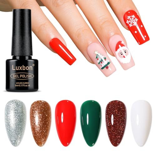 Luxbon 6 Stück Weihnachten Gel Nagellack Set - Winter Farbe Set Langlebige Gelpolitur, UV led Soak Off Nail Art Designs Maniküre Kit 033