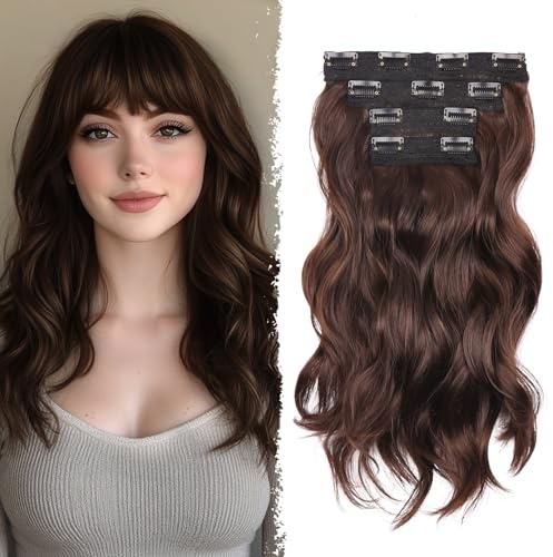 Clip In Hair Extension - 14 Inch Wavy Synthetic Hair Extensions Clip In (Color: Chestnut Brown Mix Brown)