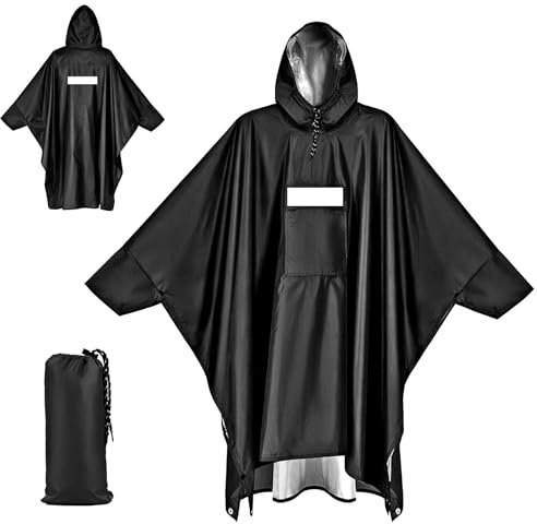Apritsce Poncho Antipioggia per Adulti, Giacche Antipioggia Impermeabili con Tasche per Cappuccio, Strisce Riflettenti, Poncho Antipioggia Leggero Multifunzionale 3 in 1 per L'escursionismo (Nero)