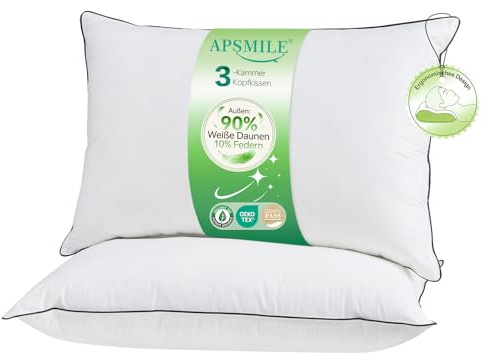 APSMILE Premium Daunenkissen 40x80 (2 Stück) | 90% Weiße Daunen Außen | Federmischung Innen | Kopfkissen Ergonomisches Design für höchsten Komfort | Weicher Bio-Baumwollbezug | je 730g Füllgewicht