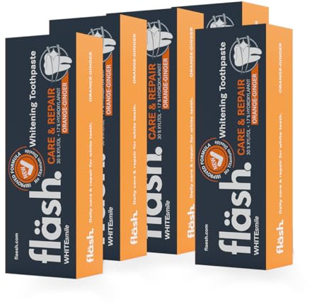 fläsh Orange-Ingwer: Whitening Zahnpasta | Tägliche Pflege für weiße Zähne | 17% Hydroxylapatit | 30% Xylitol | 75ml | 5er Pack