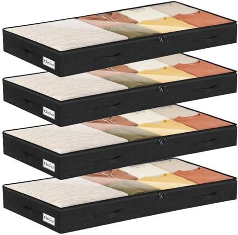 Lot de 4 Boite Rangement sous Lit avec Poignée Renforcé, Grande Sac Rangement Vetement Pliable, Bacs de Rangement pour Couettes, Vêtements, Draps, Chambre à coucher, Placard, 100x50x10cm, 50L, Noir