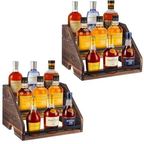 Liquor Bottle Display Shelf 3 Step Wooden Coffee Syrup Rack Wine Racks for Party, Mini Bar, Cabinet, Bar Essentials Stand for Whiskey, Spirits (2PCS)