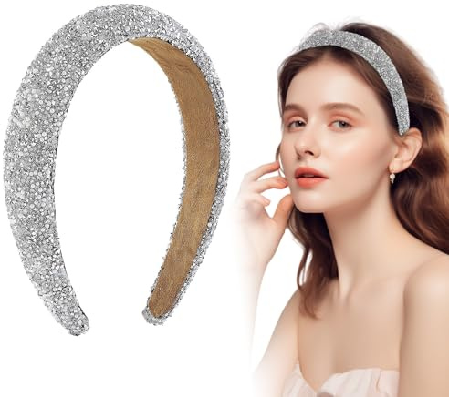 Serre Tete Femme Paillette et Strass, Bandeau Cheveux Fille Épais et Antidérapant, Accessoires Cheveux Élégants pour Mariage, Fête, Quotidien (Argent)