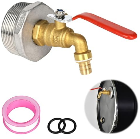 Tankdurchführung 1/2 Zoll, Regentonnendurchführung mit Kugelhahn aus Messing, IBC Adapter mit Dichtung für 55 Galton Fass, Auslaufsicherer Wasserhahn für Gartenbewässerung